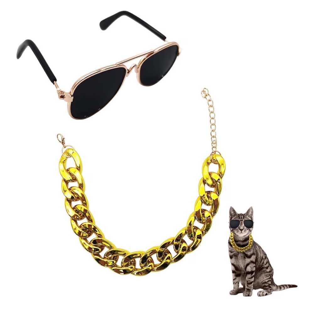 For Cats or Dogs Gold Chunky Chain Necklace with Black Aviator Sunglasses
